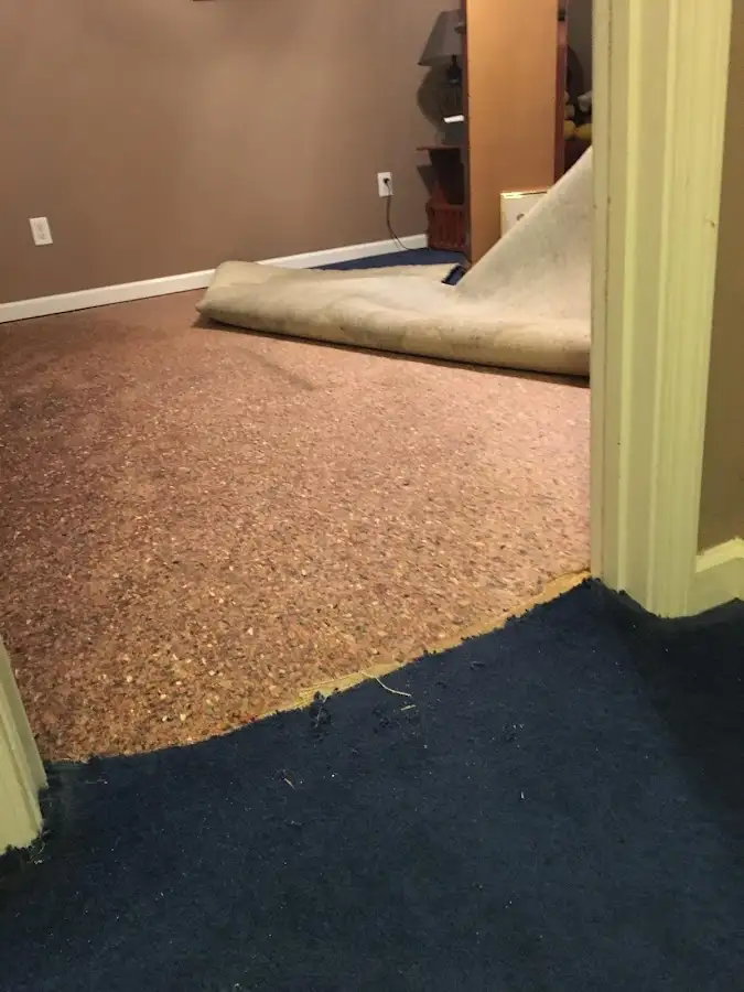 Carpet pad removal revealing water damage during Water Mitigation Services in New Cumberland